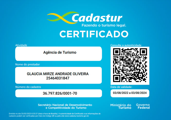 Certificado da Glaucia Mirze Turismo